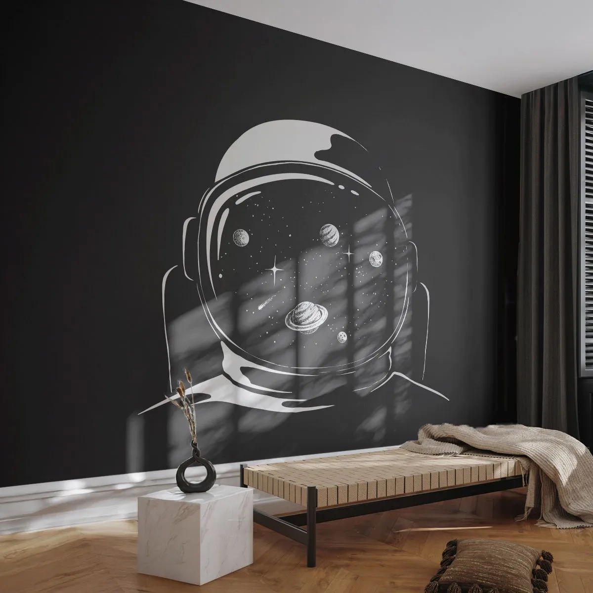 Papier Peint Photo Premium Sand - Cosmonaute avec des planètes dans son casque sur fond noir - 100x70cm - Sympa la vue - Décoration murale moderne pour le salon et la chambre ARTTOR