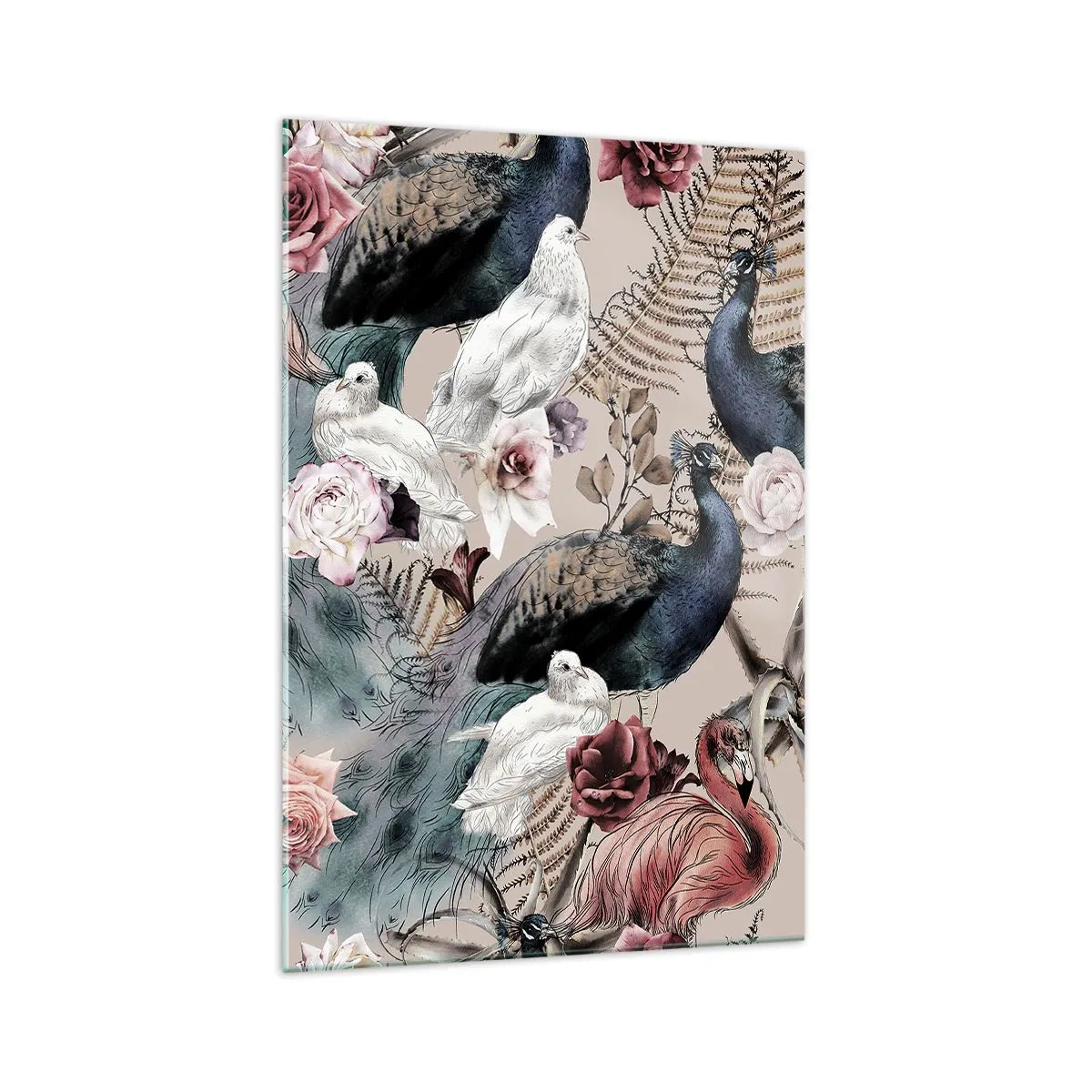 Impression sur verre - Image sur verre - Un paysage avec des plumes de paon, des roses et des oiseaux dans un style romantique. - 70x100cm - Dans un jardin de palace - Décoration murale moderne pour le salon et la chambre ARTTOR