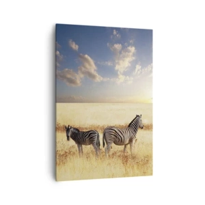 Impression sur toile - Image sur toile - Deux zèbres dans la savane sous les rayons du soleil couchant - 70x100cm - Va-t'en, n'ai pas de paix - Décoration murale moderne pour le salon et la chambre ARTTOR
