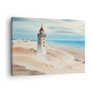Impression sur toile - Image sur toile - Un phare entouré de dunes de sable et d'un ciel bleu - 70x50cm - Toujours regarder la mer - Décoration murale moderne pour le salon et la chambre ARTTOR
