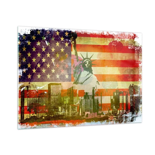 Impression sur verre - Image sur verre - Drapeau américain avec la silhouette de la Statue de la Liberté et le paysage urbain - 100x70cm - Vive l'Amérique! - Décoration murale moderne pour le salon et la chambre ARTTOR