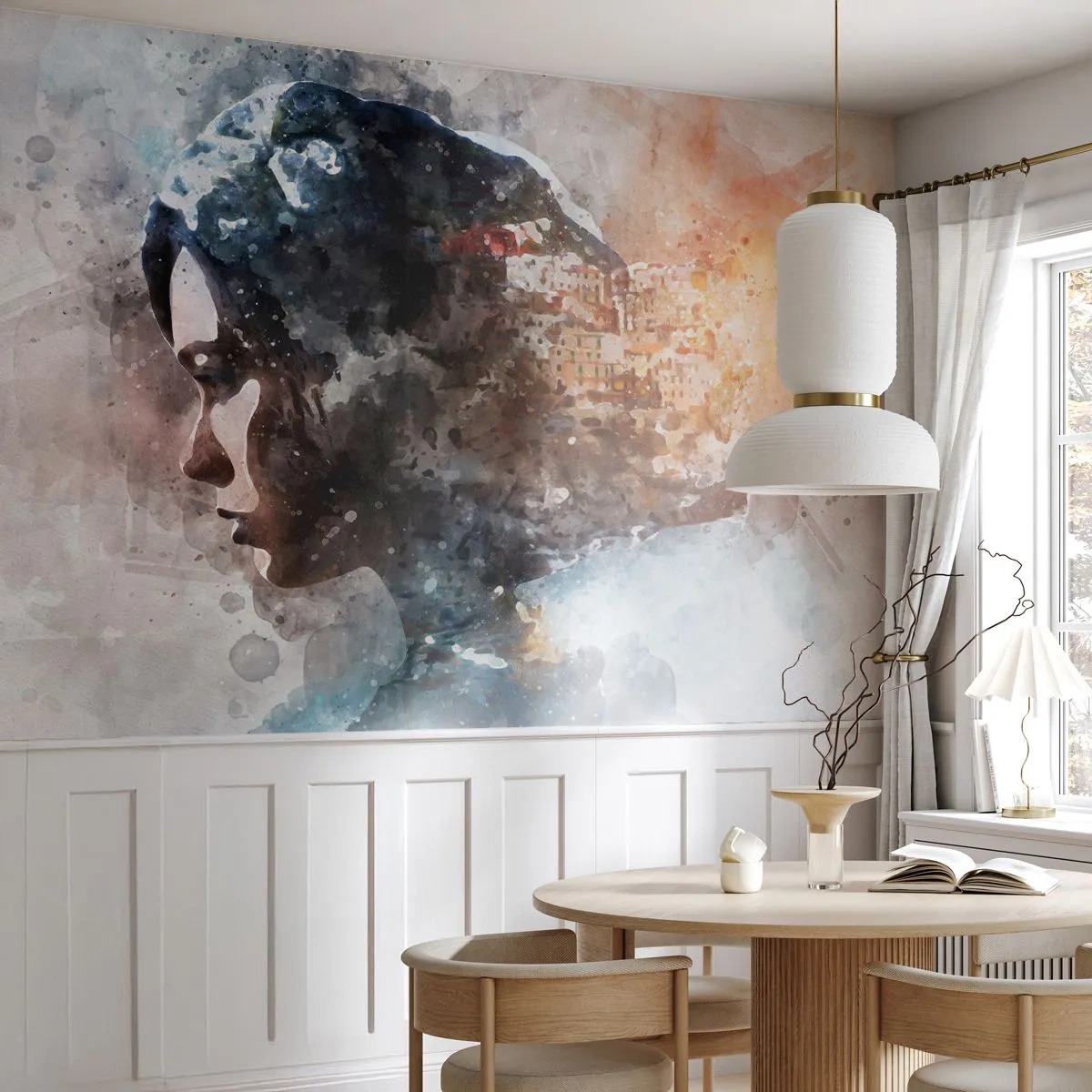 Papier Peint Photo Premium Sand - Une femme dans une composition à l'aquarelle avec une ville - 100x70cm - L'histoire d'une fille avec une ville en arrière-plan - Décoration murale moderne pour le salon et la chambre ARTTOR