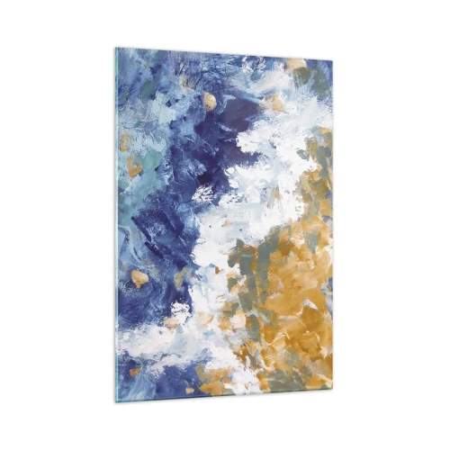 Impression sur verre - Image sur verre - Abstraction dans les tons de bleu, blanc et or - 70x100cm - Danse des éléments - Décoration murale moderne pour le salon et la chambre ARTTOR