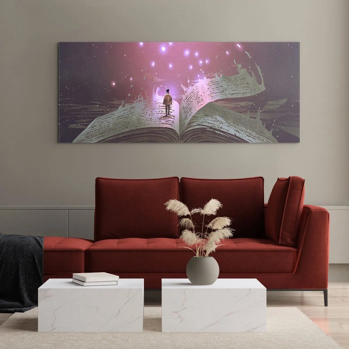 Impression sur verre - Image sur verre - Une silhouette marche sur un livre ouvert dans une lumière magique. - 120x50cm - Invitation à un autre monde - lisez ! - Décoration murale moderne pour le salon et la chambre ARTTOR
