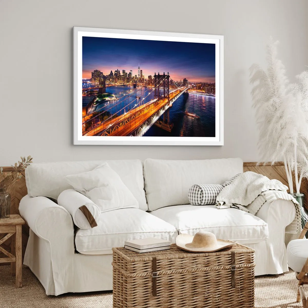 Affiche dans un cadre blanc - Poster - Un pont lumineux au cœur de la ville - 91x61 cm