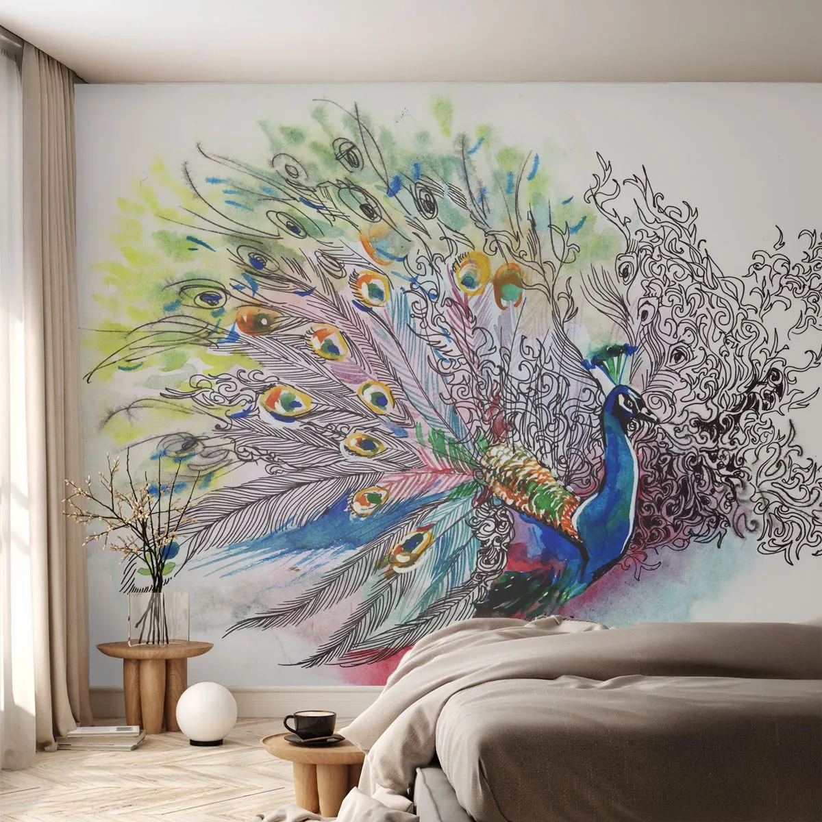 Papier Peint Photo Premium Sand - Illustration à l'aquarelle d'un paon avec une queue fantaisie - 100x70cm - Avec fierté contre la grisaille - Décoration murale moderne pour le salon et la chambre ARTTOR