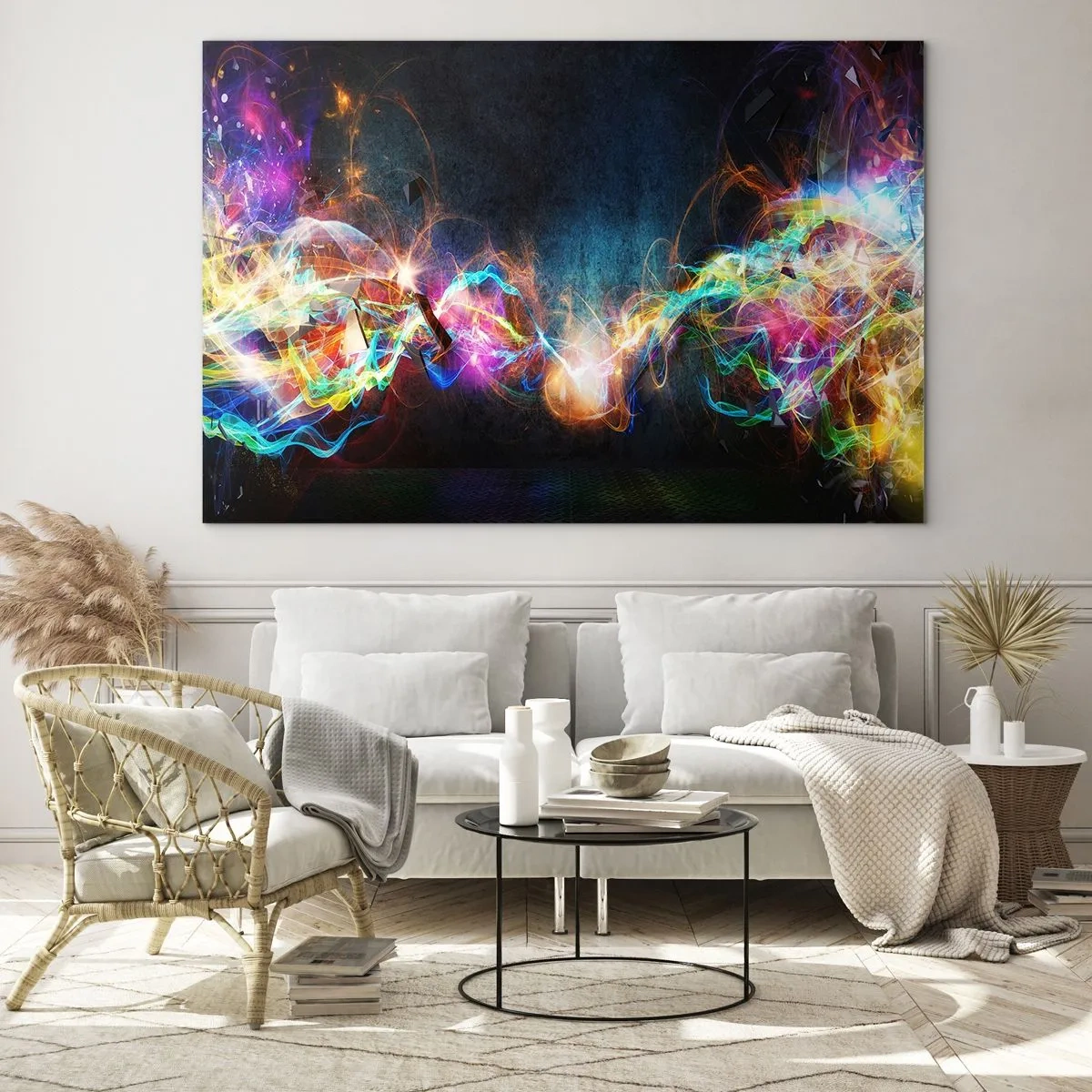 Impression sur verre - Image sur verre - Lumières abstraites et énergie colorée dans un style futuriste - 120x80cm - Joyeusement contre l'obscurité - Décoration murale moderne pour le salon et la chambre ARTTOR