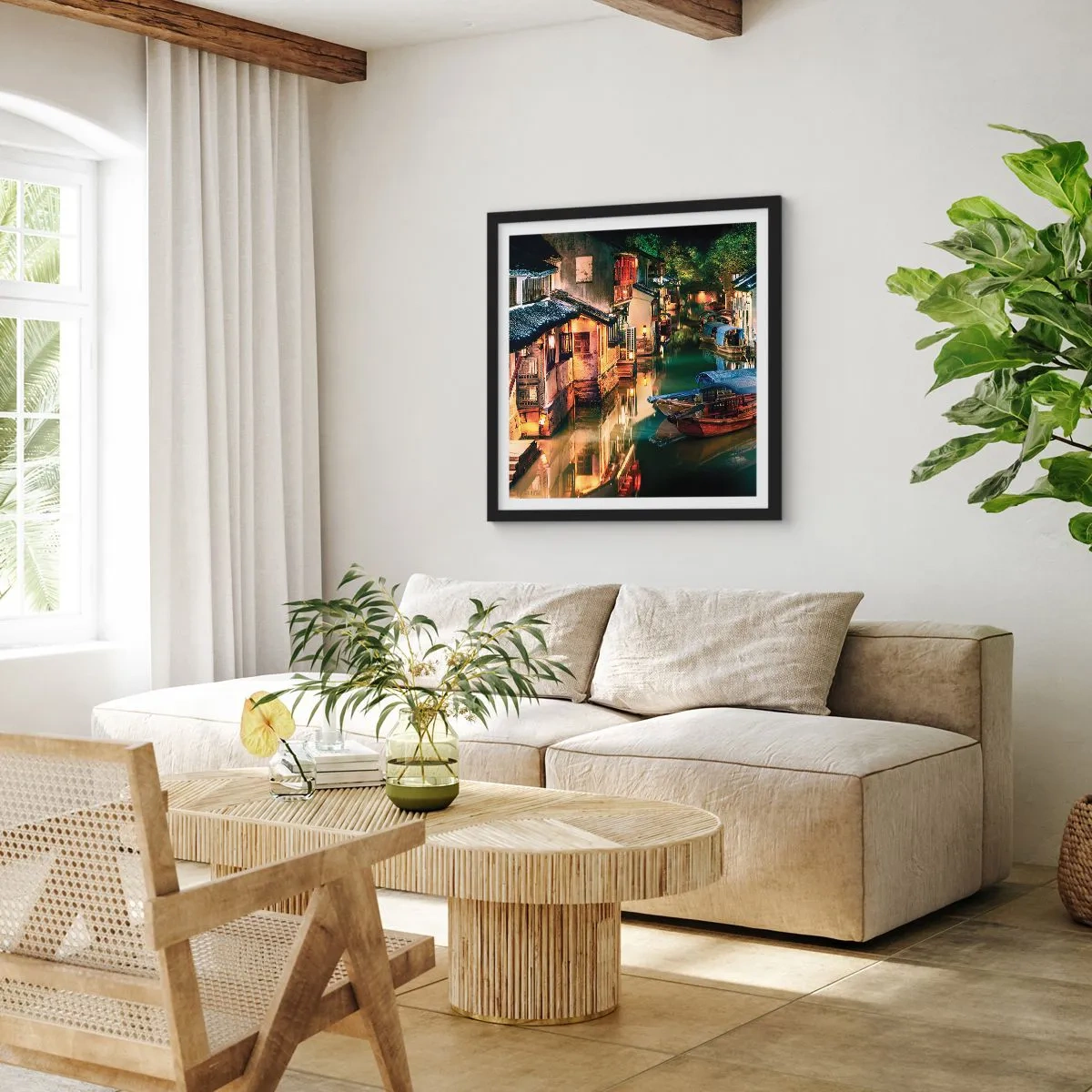 Affiche dans un cadre noir - Poster - Soirée dans une rue chinoise - 30x30 cm