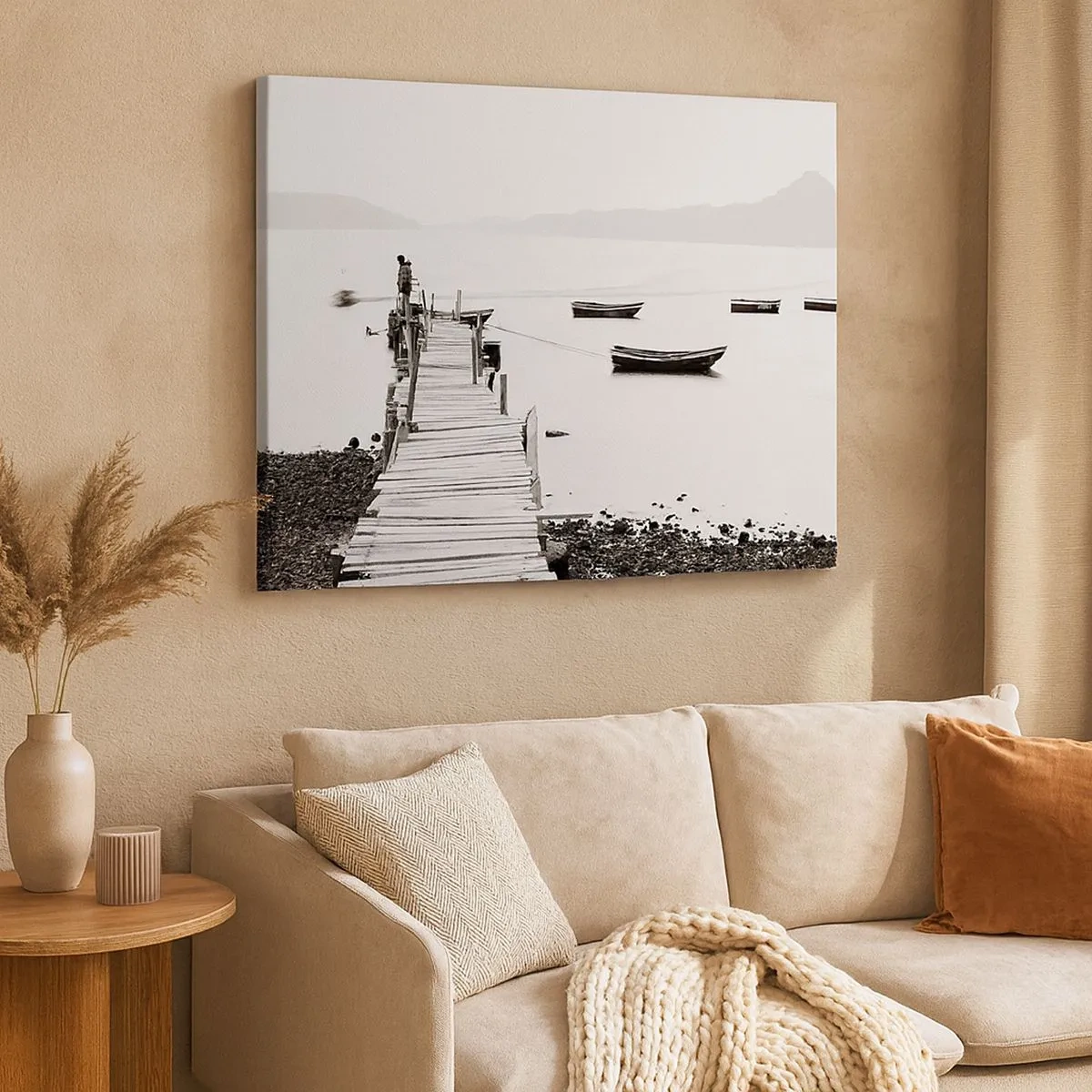 Impression sur toile - Image sur toile - Jetée en bois et bateaux sur une eau calme - 70x50cm - Calme et propre au bord de l'eau - Décoration murale moderne pour le salon et la chambre ARTTOR