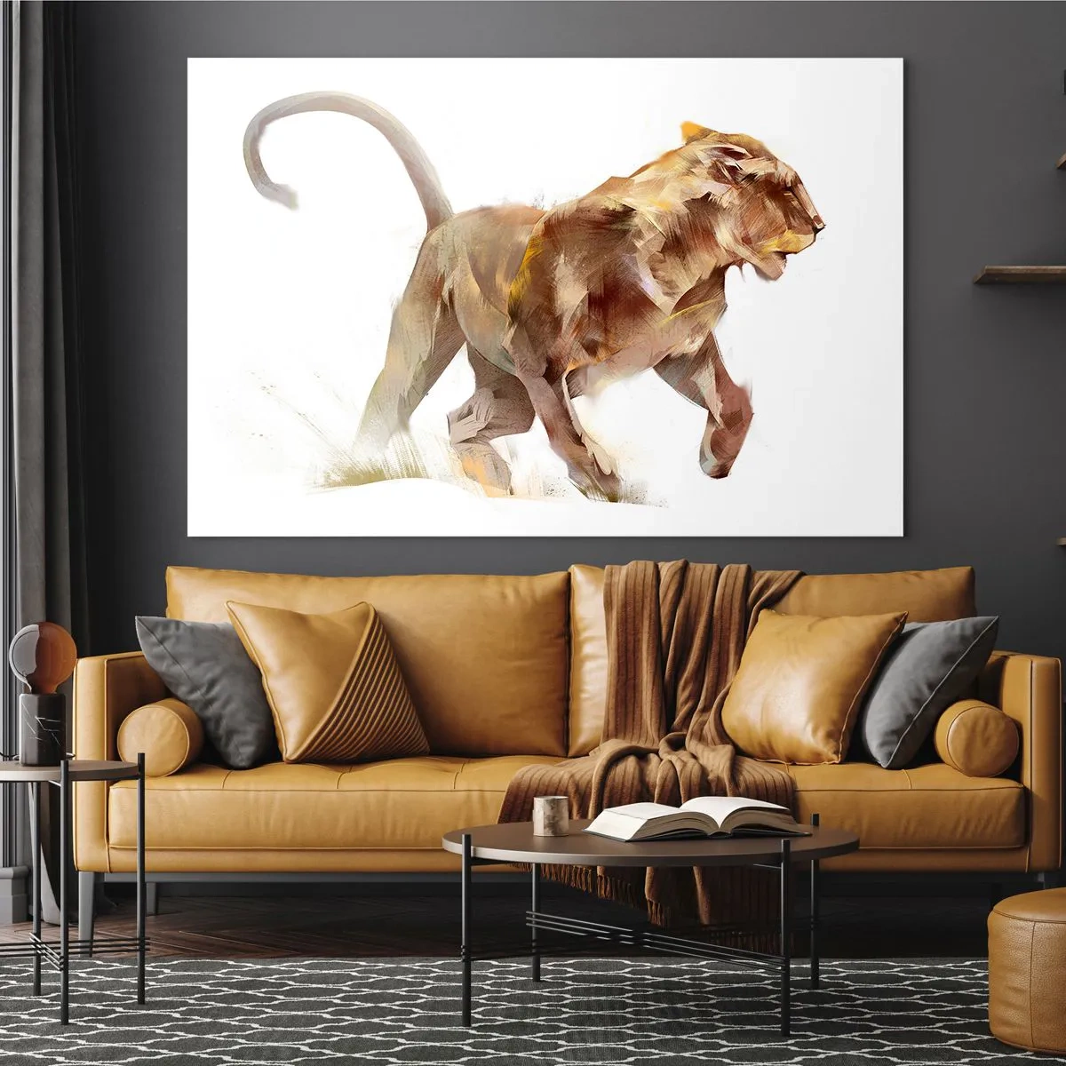 Impression sur verre - Image sur verre - Silhouette dynamique d'un lion dans un style artistique sur fond blanc - 120x80cm - Grâce sauvage - Décoration murale moderne pour le salon et la chambre ARTTOR