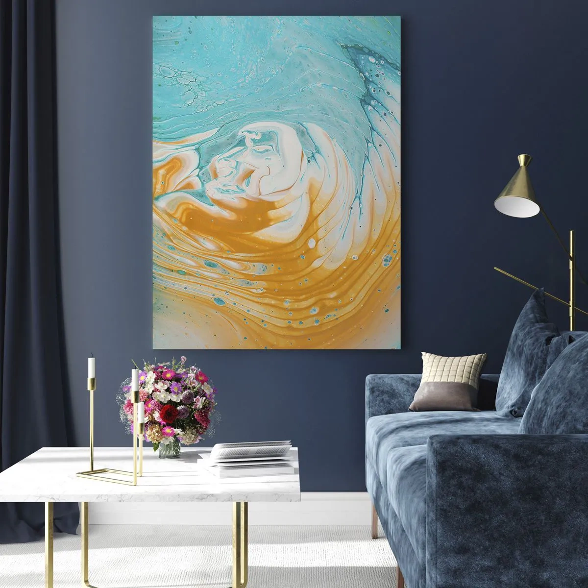 Impression sur verre - Image sur verre - Vagues abstraites dans des tons de bleu et d'or sur toile - 70x100cm - Tourbillon pastel - Décoration murale moderne pour le salon et la chambre ARTTOR