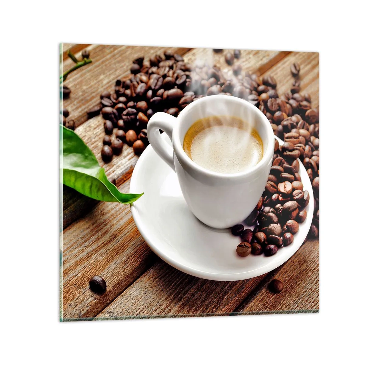 Impression sur verre - Image sur verre - Café sur un banc - 50x50 cm