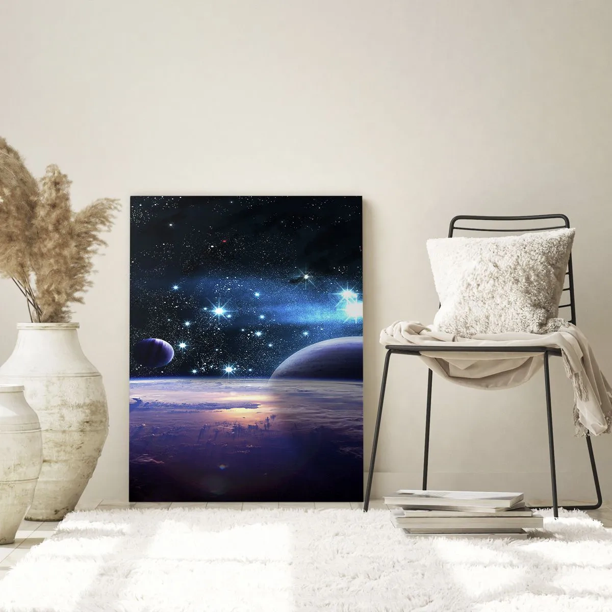 Impression sur verre - Image sur verre - Un paysage spatial avec des planètes et des étoiles sur fond de galaxie. - 50x70cm - Toujours seul? - Décoration murale moderne pour le salon et la chambre ARTTOR