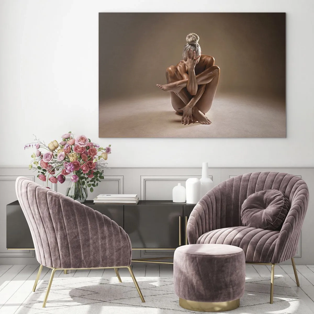 Impression sur verre - Image sur verre - Une femme sensuelle dans une pose artistique sur un fond d'ombre. - 120x80cm - Unité du corps et de l'âme - Décoration murale moderne pour le salon et la chambre ARTTOR