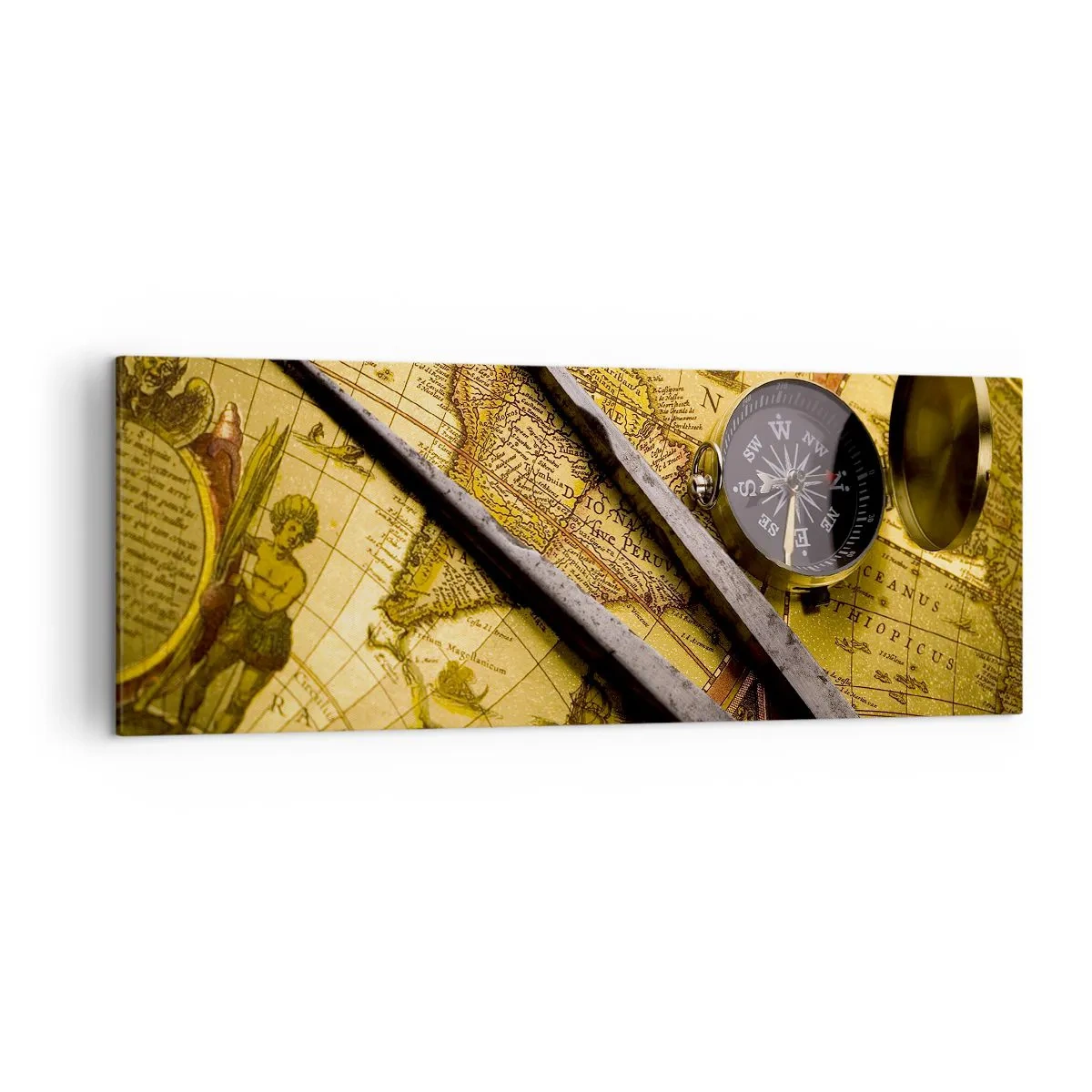 Impression sur toile - Image sur toile - Une carte du monde antique avec une boussole et un compas en arrière-plan - 140x50cm - Où sont ces trésors? - Décoration murale moderne pour le salon et la chambre ARTTOR