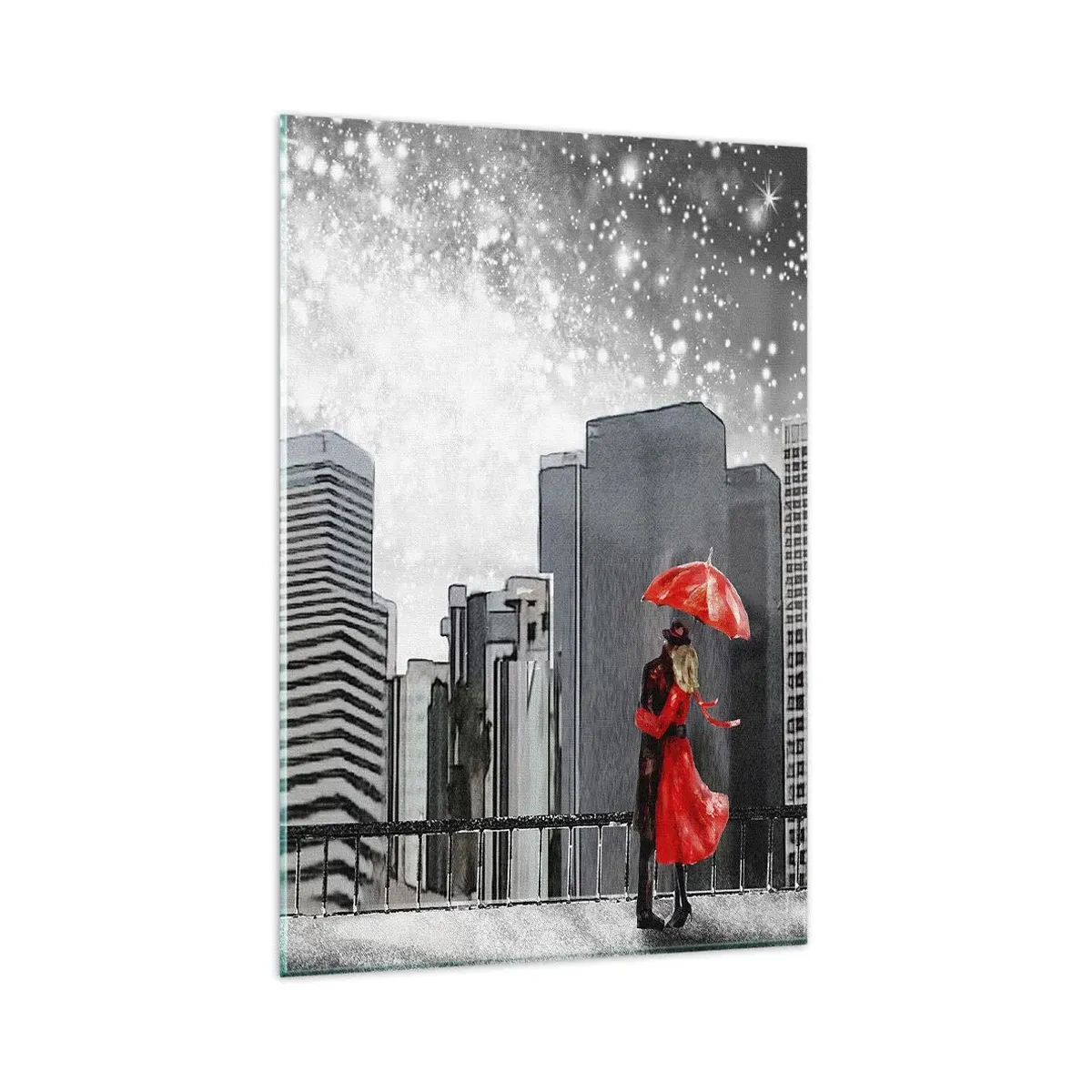 Impression sur verre - Image sur verre - Un couple en rouge avec un parapluie sur fond de paysage urbain - 80x120cm - L'homme n'est pas une pierre - Décoration murale moderne pour le salon et la chambre ARTTOR