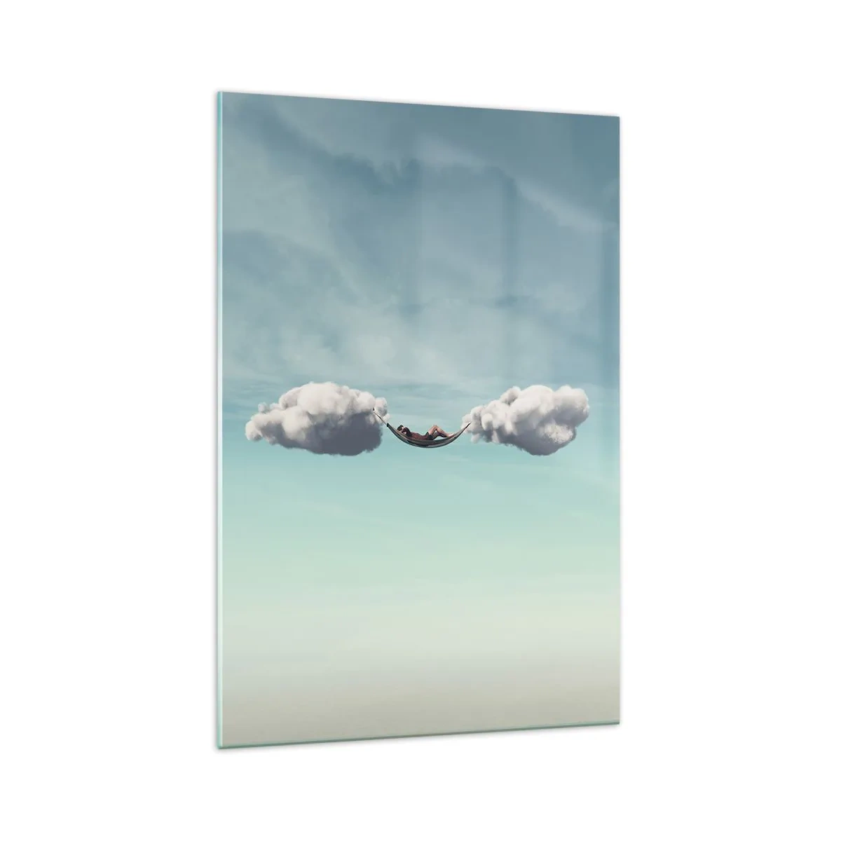Impression sur verre - Image sur verre - Une personne se détendant dans un hamac suspendu dans les nuages - 70x100cm - Instant de bonheur - Décoration murale moderne pour le salon et la chambre ARTTOR