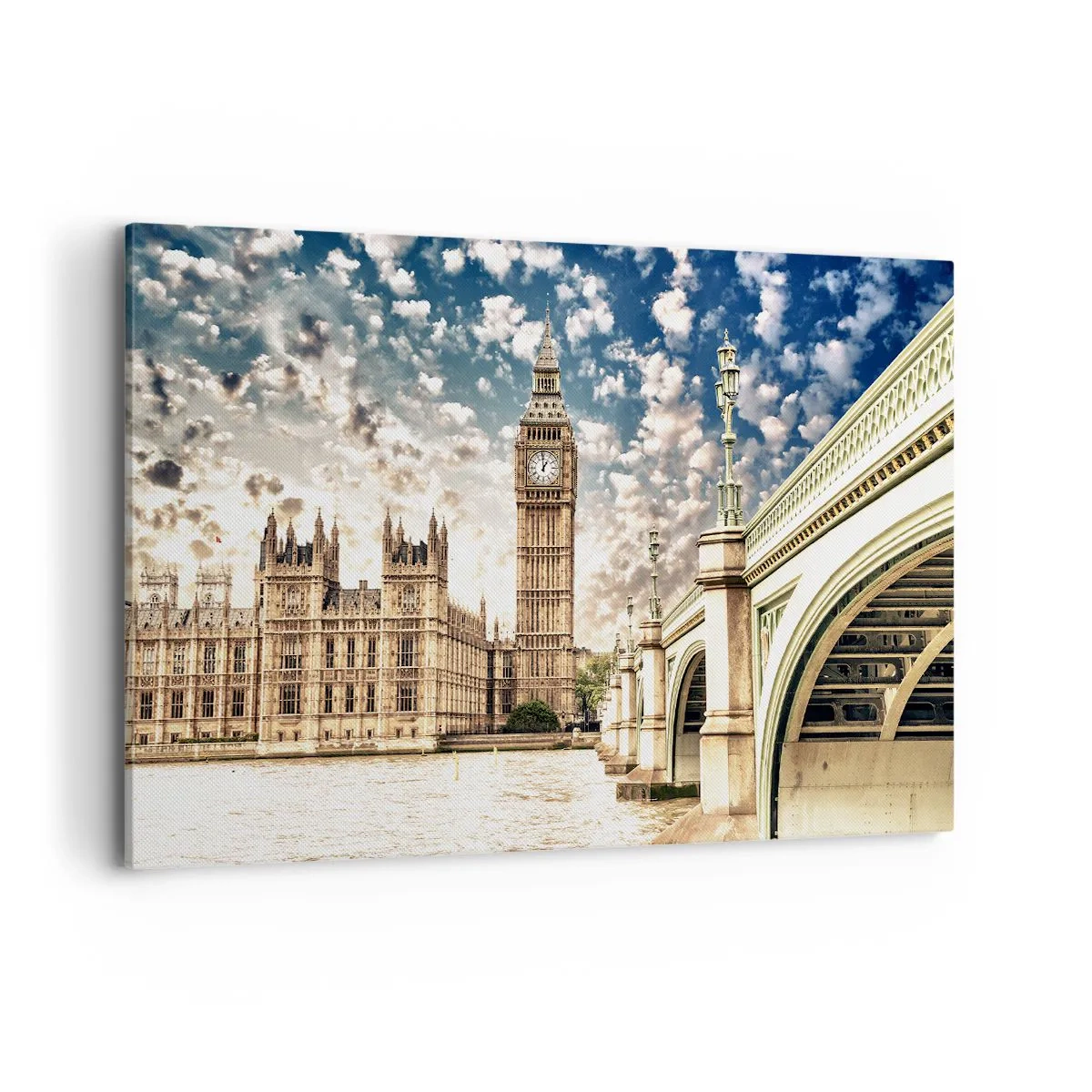 Impression sur toile - Image sur toile - Big Ben et le pont de Westminster illuminés par le soleil à Londres - 120x80cm - Nuages