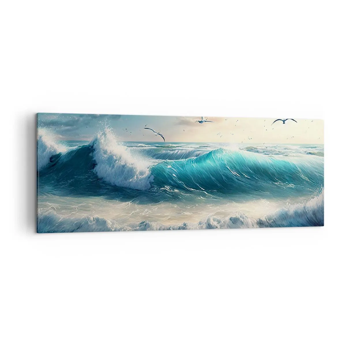 Impression sur toile - Image sur toile - Vagues de la mer sur la plage sous un ciel bleu avec des mouettes - 140x50cm - Ça bourdonne seulement pour toi - Décoration murale moderne pour le salon et la chambre ARTTOR
