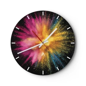 Horloge murale - Pendule murale - Une horloge murale en forme d'horloge ronde sur verre avec l'effet d'une explosion de poussière colorée dans les tons de rose, jaune et bleu sur fond noir. - 30x30cm - Origine des couleurs