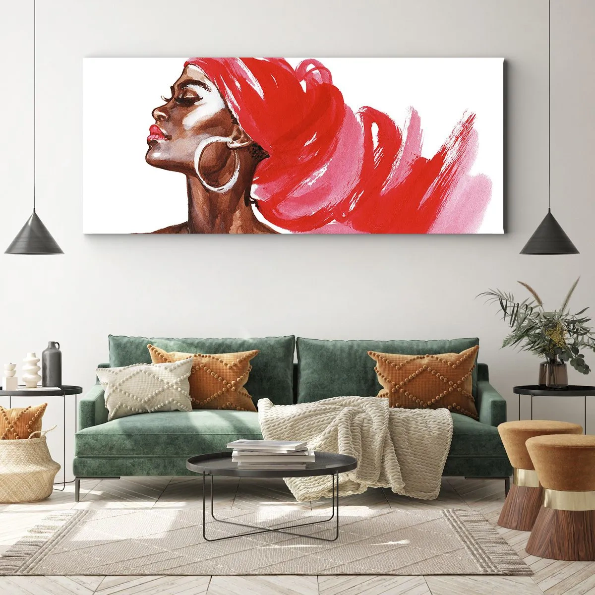 Impression sur toile - Image sur toile - Profil d'une femme avec un turban rouge et des boucles d'oreilles - 160x50cm - "Les cheveux dans le vent" - Décoration murale moderne pour le salon et la chambre ARTTOR
