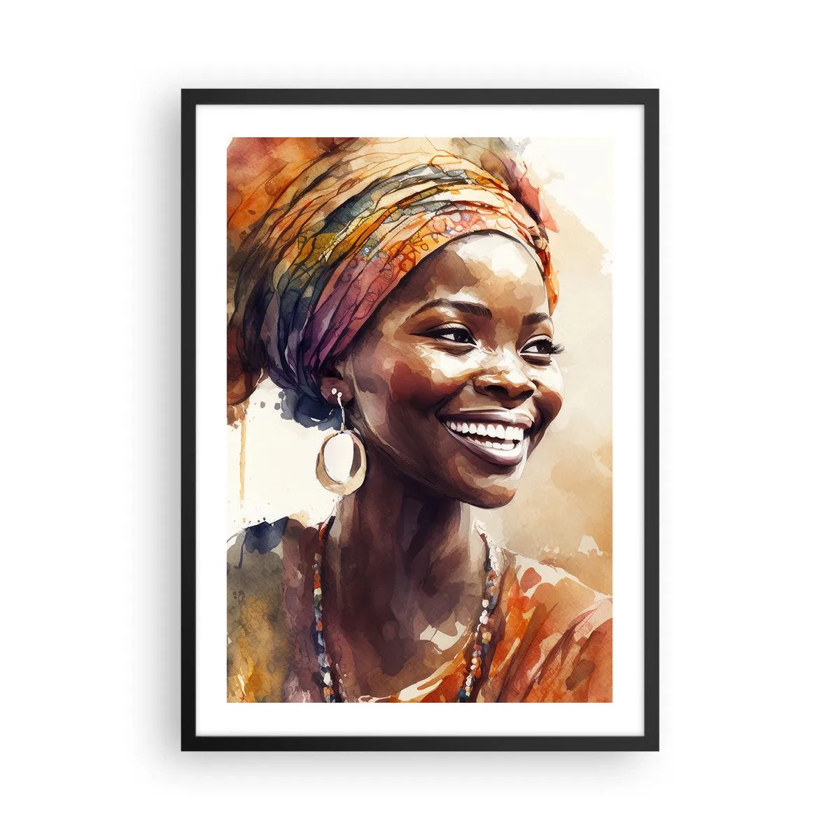Affiche dans un cadre noir - Poster - Portrait d'une femme souriante portant un turban coloré - 50x70cm - reine africaine - Décoration murale moderne pour le salon et la chambre ARTTOR