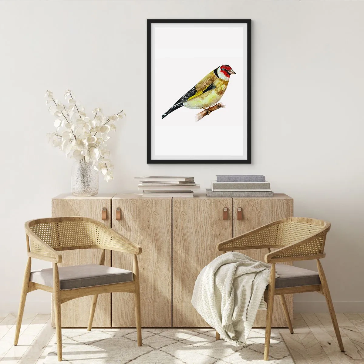 Affiche dans un cadre noir - Poster - Chardonneret sur une branche à l'aquarelle - 50x70cm - Portrait d'oiseau - Décoration murale moderne pour le salon et la chambre ARTTOR