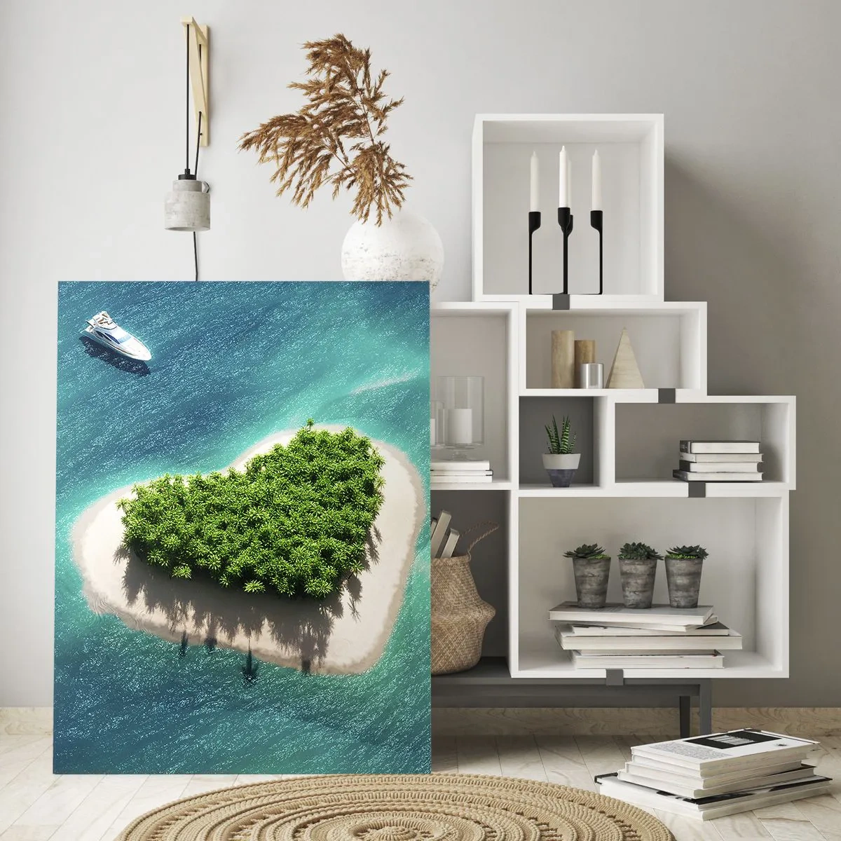 Impression sur verre - Image sur verre - Illustration d'une île en forme de cœur avec un bateau sur une mer turquoise - 50x70cm - J'aime l'été - Décoration murale moderne pour le salon et la chambre ARTTOR