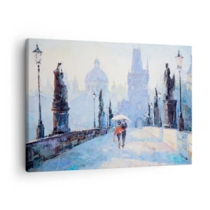 Impression sur toile - Image sur toile - Couple romantique sur un pont sous la pluie, une scène picturale - 70x50cm - La pluie a dû nous charmer - Décoration murale moderne pour le salon et la chambre ARTTOR
