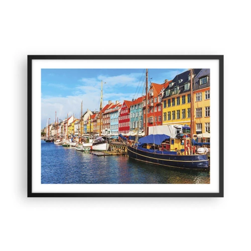 Affiche dans un cadre noir - Poster - Maisons colorées sur le canal avec des bateaux au soleil - 70x50cm - Quai joyeux - Décoration murale moderne pour le salon et la chambre ARTTOR