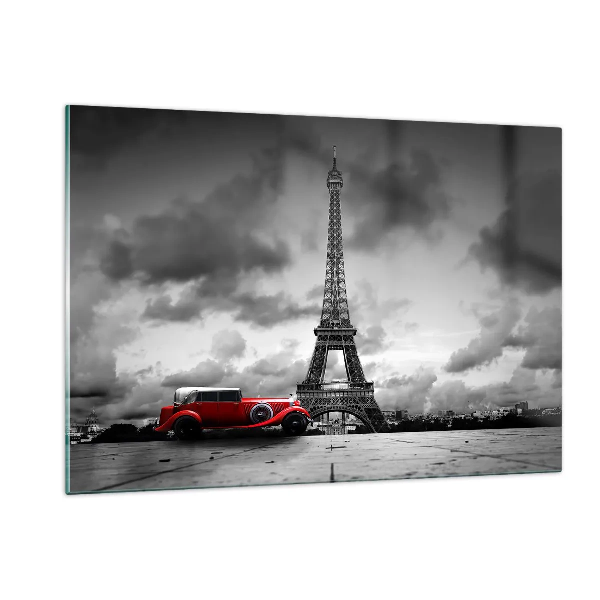 Impression sur verre - Image sur verre - Une voiture rétro rouge avec la Tour Eiffel en arrière-plan dans un décor noir et blanc. - 120x80cm - Il n'y a pas si longtemps à Paris - Décoration murale moderne pour le salon et la chambre ARTTOR