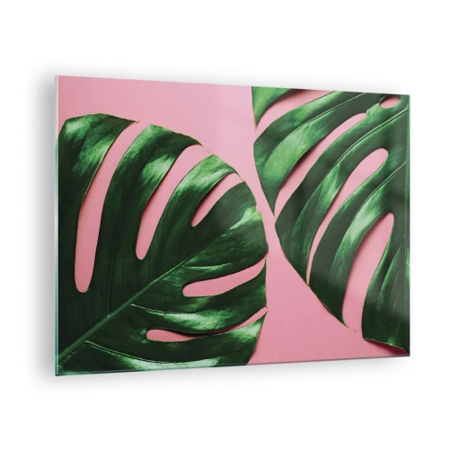 Impression sur verre - Image sur verre - Feuilles de monstera vertes sur fond rose - 70x50cm - Rendez-vous vert - Décoration murale moderne pour le salon et la chambre ARTTOR