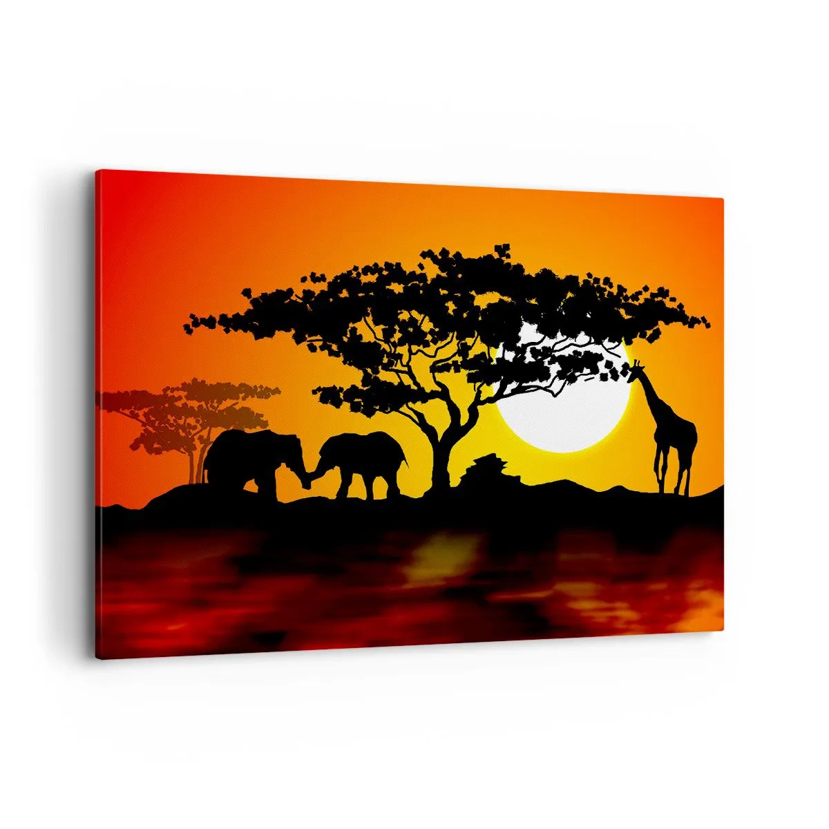 Impression sur toile - Image sur toile - Coucher de soleil africain avec des silhouettes d'éléphants et de girafes au-dessus de l'eau - 100x70cm - Rencontre dans la savane - Décoration murale moderne pour le salon et la chambre ARTTOR