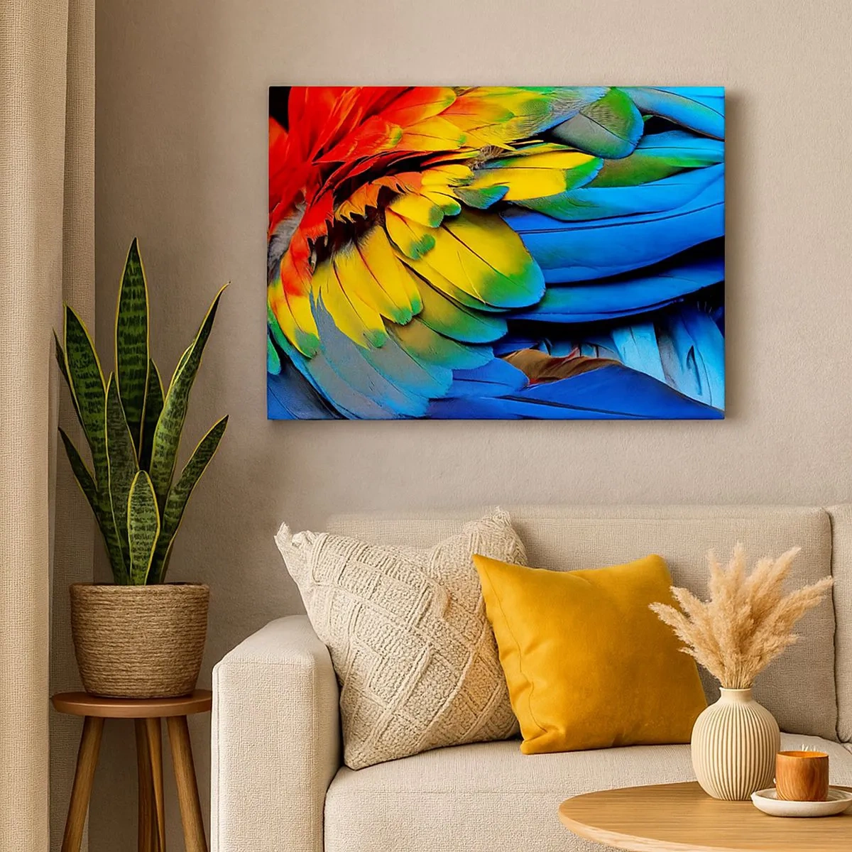 Impression sur toile - Image sur toile - Gros plan des plumes colorées d'un perroquet - 70x50cm - Oiseau de paradis - Décoration murale moderne pour le salon et la chambre ARTTOR