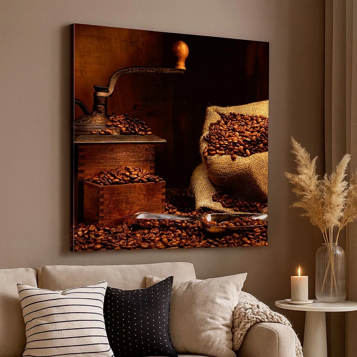 Impression sur toile - Image sur toile - Nature morte avec grains de café et moulin - 30x30 cm
