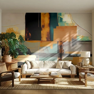 Papier Peint Photo Standard Eco - Abstraction moderne en cuivre, turquoise et noir - 100x70cm - Abstraction – lumière et ombre - Décoration murale moderne pour le salon et la chambre ARTTOR