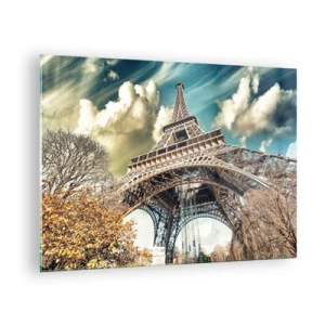 Impression sur verre - Image sur verre - La Tour Eiffel dans un paysage d'automne contre un ciel dynamique - 70x50cm - Et en automne à Paris... - Décoration murale moderne pour le salon et la chambre ARTTOR