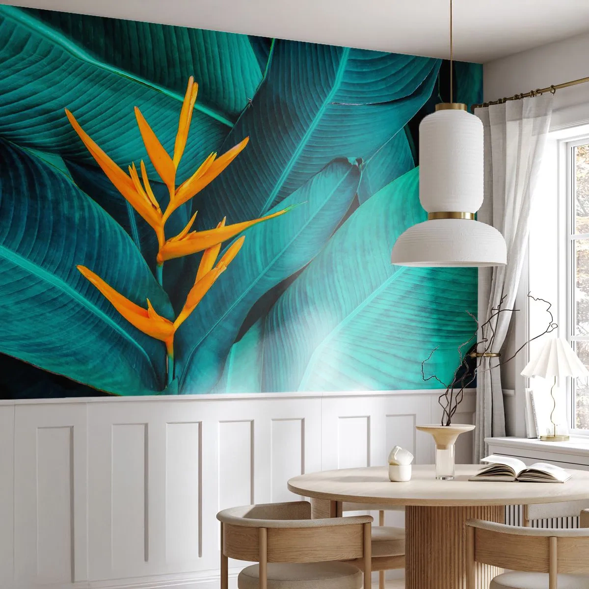 Papier Peint Photo Premium Sand - Une fleur orange sur un fond de feuilles turquoise - 100x70cm - Fleur d'Eden - Décoration murale moderne pour le salon et la chambre ARTTOR