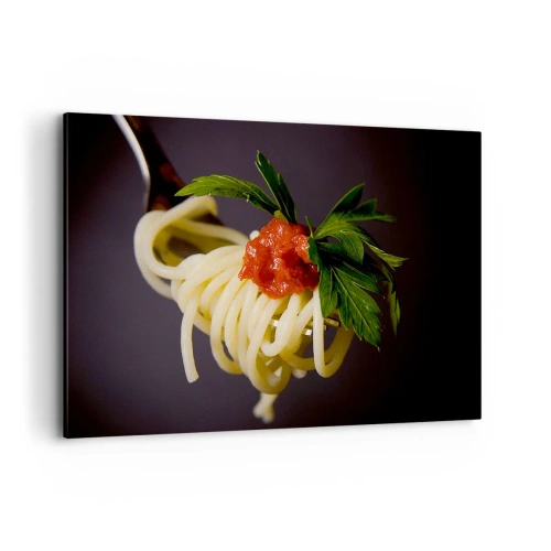 Impression sur toile - Image sur toile - Spaghettis à la fourchette avec sauce tomate et persil - 120x80cm - Une bouchée savoureuse - Décoration murale moderne pour le salon et la chambre ARTTOR