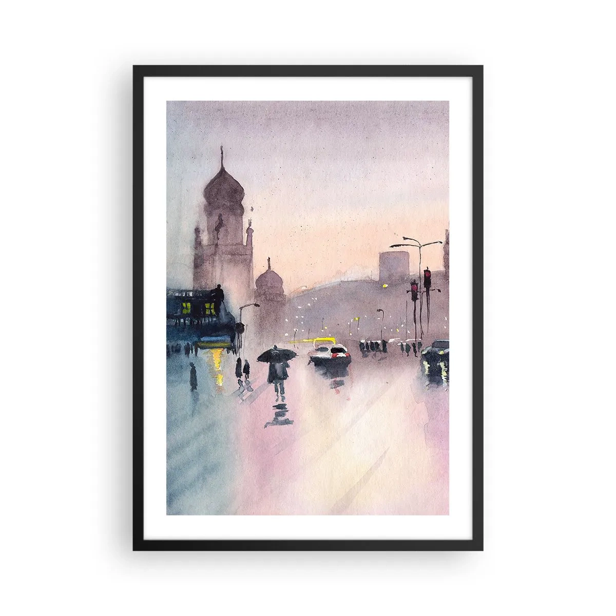 Affiche dans un cadre noir - Poster - Scène de ville avec des silhouettes de personnes et des lumières dans la brume de pluie - 50x70cm - Dans une brume pluvieuse - Décoration murale moderne pour le salon et la chambre ARTTOR