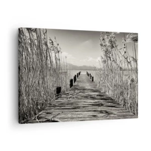 Impression sur toile - Image sur toile - Une jetée en bois parmi les hautes herbes au-dessus d'un lac aux tons sépia - 70x50cm - Dans le calme de l'herbe - Décoration murale moderne pour le salon et la chambre ARTTOR