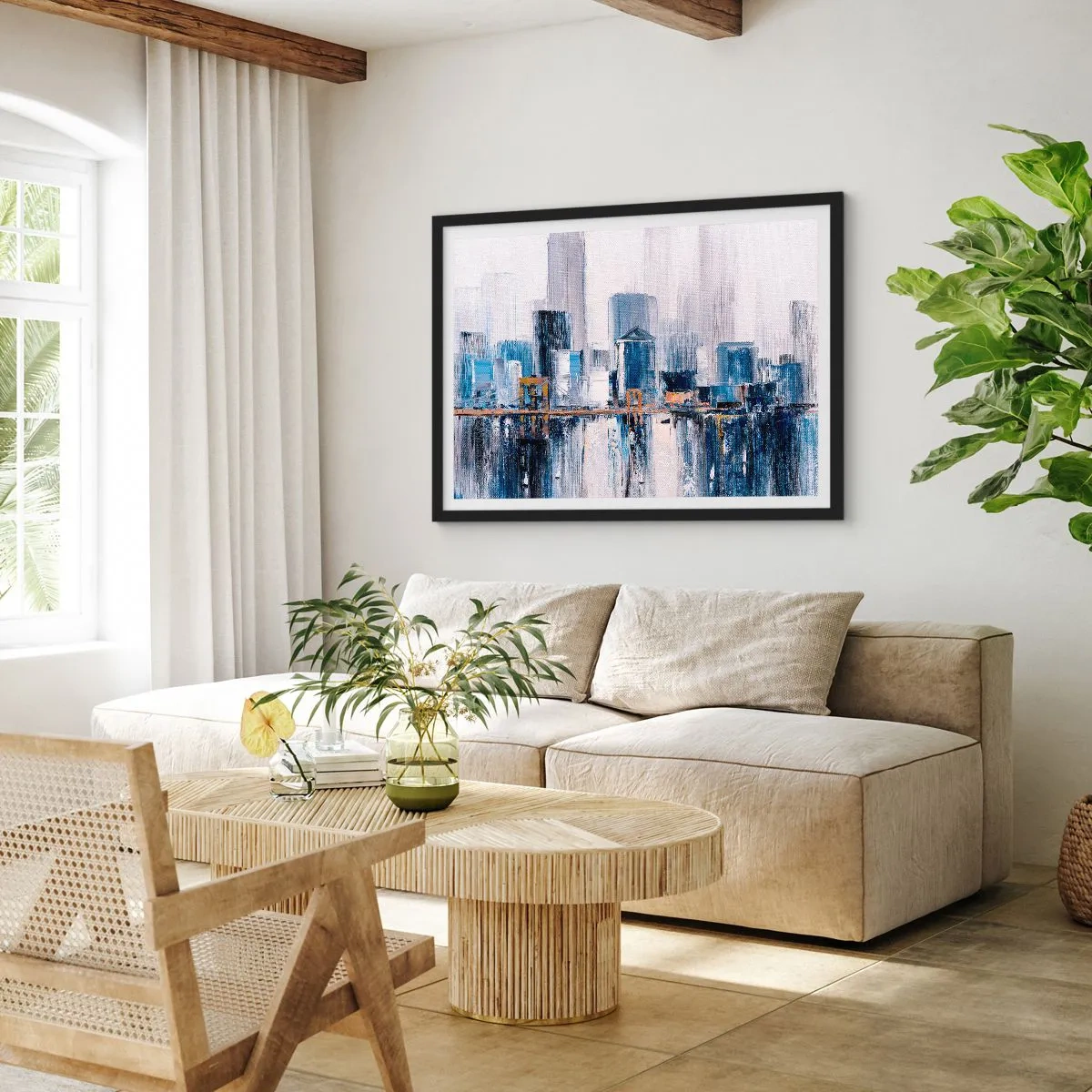 Affiche dans un cadre noir - Poster - Panorama urbain abstrait avec des nuances de bleu et de jaune - 70x50cm - Impression new-yorkaise - Décoration murale moderne pour le salon et la chambre ARTTOR