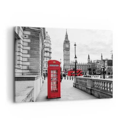 Impression sur toile - Image sur toile - Une cabine téléphonique rouge avec Big Ben en arrière-plan à Londres - 120x80cm - Sans aucun doute Londres - Décoration murale moderne pour le salon et la chambre ARTTOR