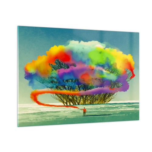 Impression sur verre - Image sur verre - Une explosion de fumée colorée sur fond d'arbre solitaire. - 100x70cm - Donner vie à ce monde - Décoration murale moderne pour le salon et la chambre ARTTOR