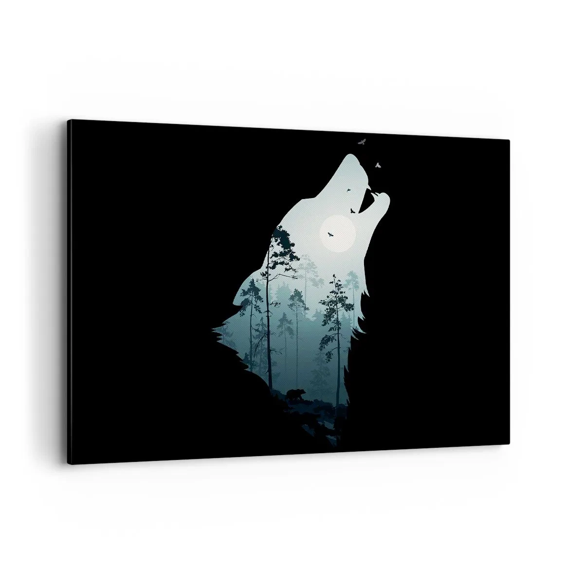 Impression sur toile - Image sur toile - Silhouette d'un loup avec une forêt et la lune en arrière-plan - 100x70cm - La voix de nuit de la forêt - Décoration murale moderne pour le salon et la chambre ARTTOR