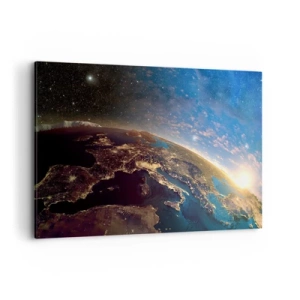Impression sur toile - Image sur toile - Vue de la Terre depuis l'espace au lever du soleil - 120x80cm - Regardons-nous de loin - Décoration murale moderne pour le salon et la chambre ARTTOR