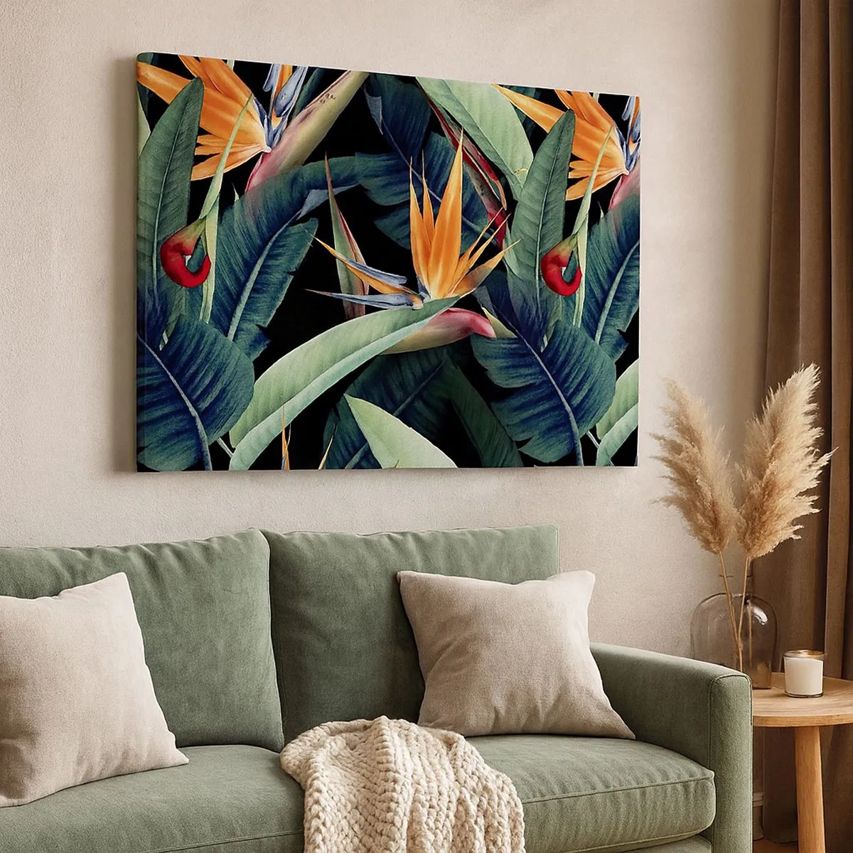Impression sur toile - Image sur toile - Fleurs et feuilles tropicales sur fond noir - 70x50cm - Fleurs flamboyantes des tropiques - Décoration murale moderne pour le salon et la chambre ARTTOR