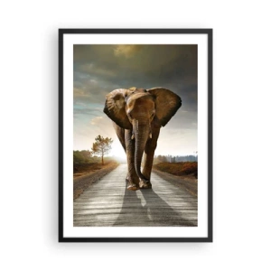 Affiche dans un cadre noir - Poster - Un éléphant marchant le long de la route au coucher du soleil - 50x70cm - Et pas du tout en porcelaine - Décoration murale moderne pour le salon et la chambre ARTTOR