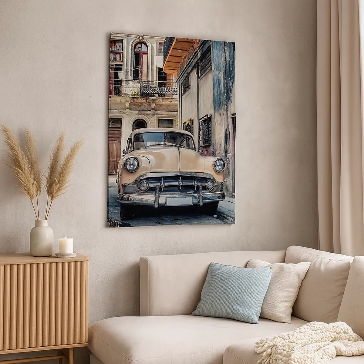Impression sur toile - Image sur toile - Une voiture classique sur fond d'architecture urbaine - 50x70cm - Sieste à La Havane - Décoration murale moderne pour le salon et la chambre ARTTOR