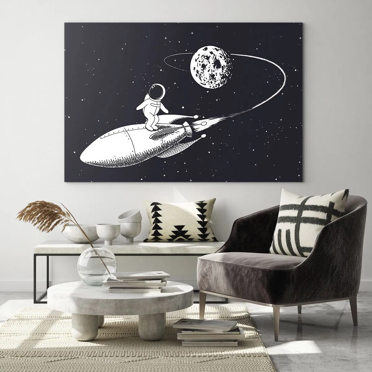 Impression sur verre - Image sur verre - Astronaute de dessin animé surfant dans l'espace sur une fusée - 70x50cm - Surfeur de l'espace - Décoration murale moderne pour le salon et la chambre ARTTOR